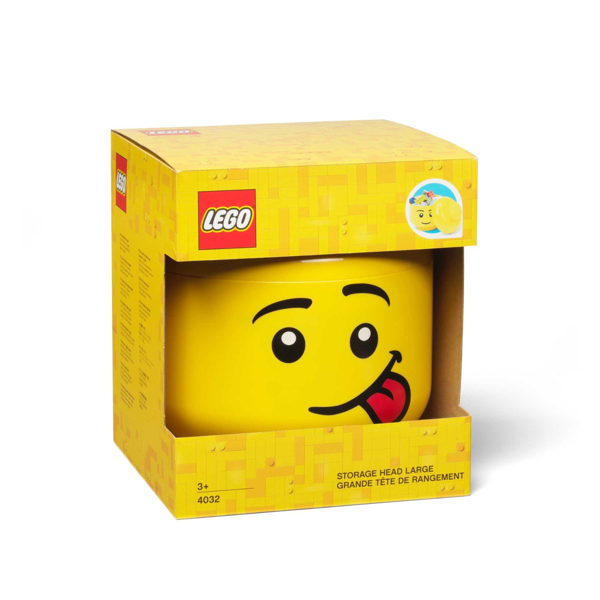 Large LEGO Storage Head – Yellow stackable container shaped like a classic LEGO minifigure head with removable lid, ideal for organizing bricks, toys, and accessories in kids&#39; rooms or play areas.