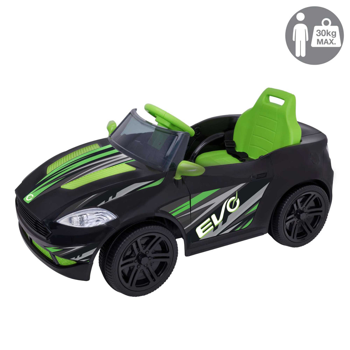 Green EVO Venom Car Ride-On for ages 3+, featuring a bold green colour, rugged rally design, durable frame, wide stable wheels, and easy-grip wheel for safe and adventurous outdoor play.