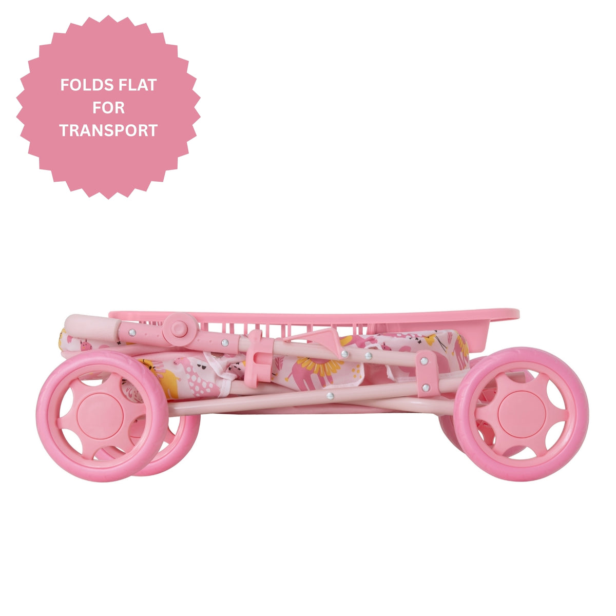 Pink doll stroller pram with jungle print for 3-7 year olds with under seat storage and adjustable handle height
