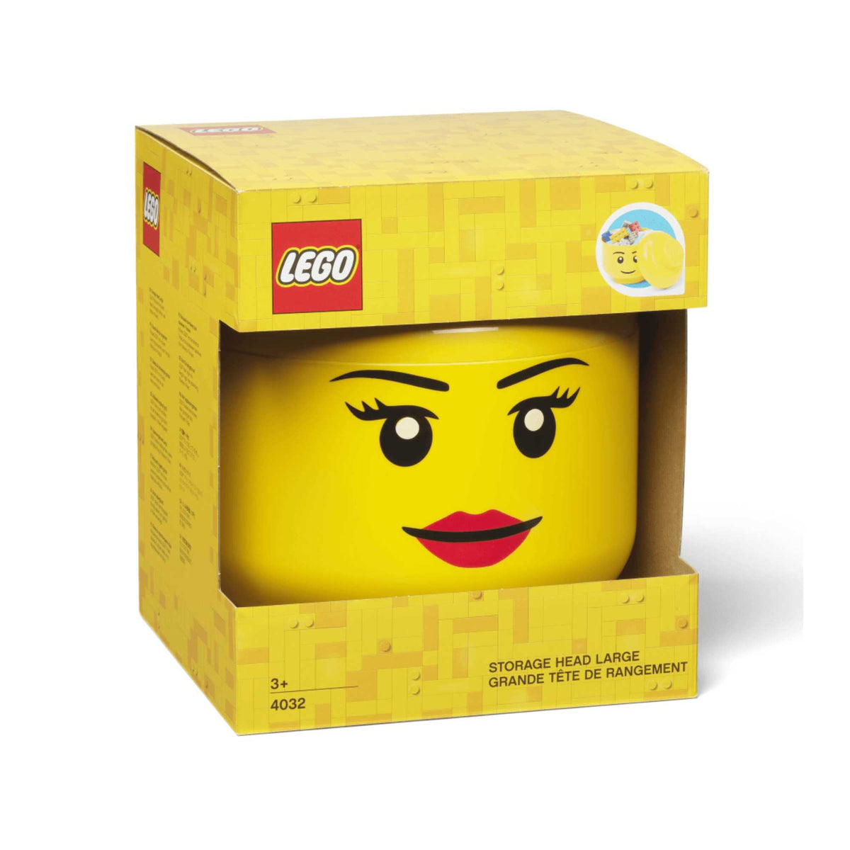 Large LEGO Storage Head – Yellow stackable container shaped like a classic LEGO minifigure head with removable lid, ideal for organizing bricks, toys, and accessories in kids&#39; rooms or play areas.