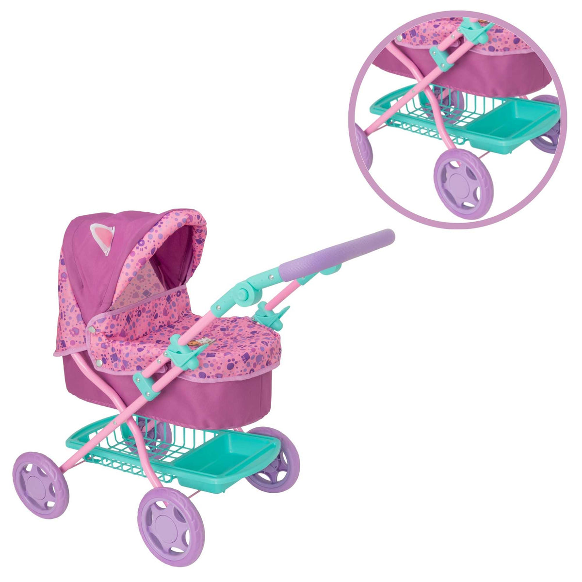 Adorable and colourful toy pram inspired by Gabby&#39;s Dollhouse, perfect for children to transport their favourite dolls and stuffed animals. Features include a sturdy frame, easy-to-push wheels, and playful designs with popular characters from the show. 