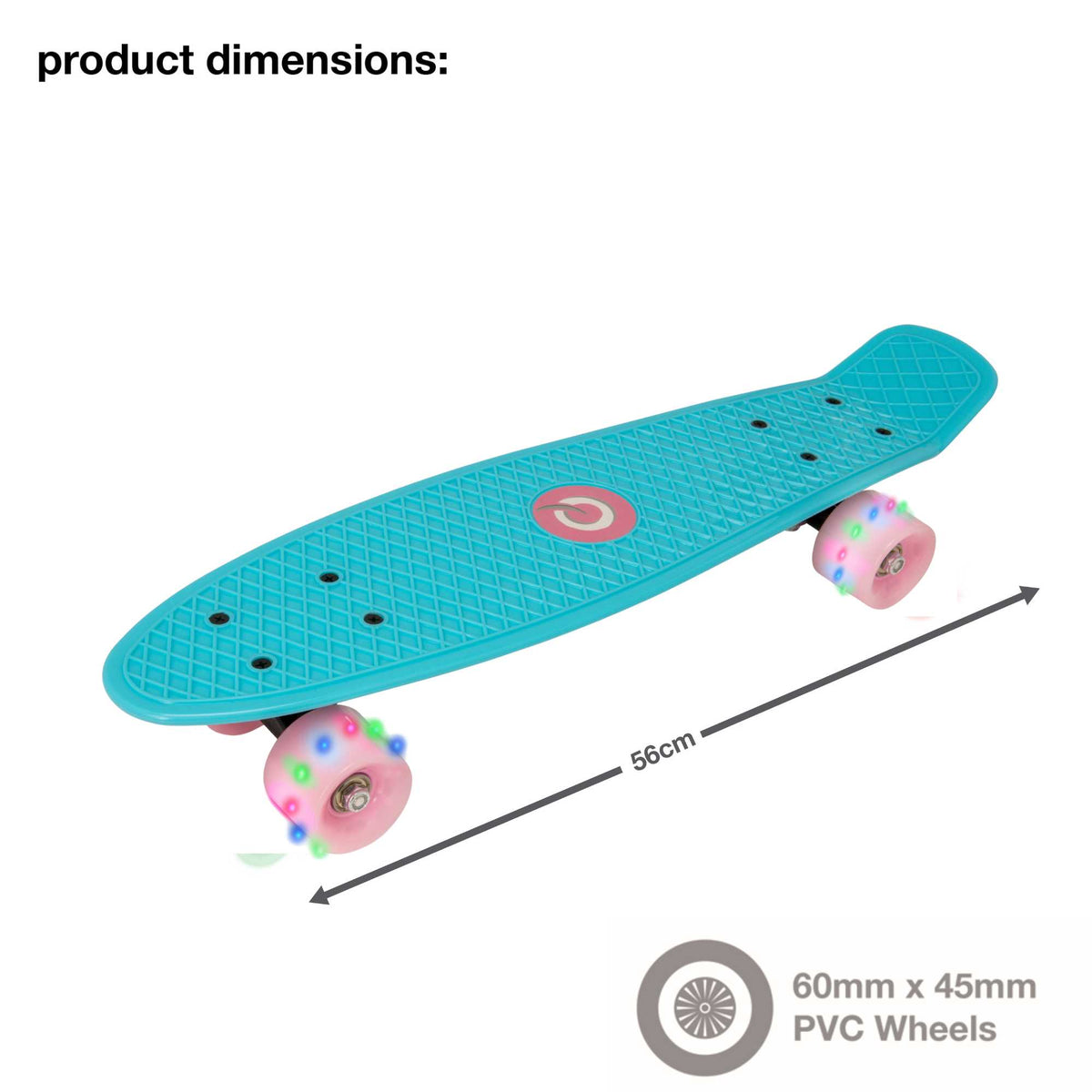 Children’s EVO 22-inch Penny Board in pink with light-up wheels, showcasing a compact design and vibrant retro style, perfect for young riders. The board features a textured grip surface and smooth, illuminated wheels that light up during movement. 