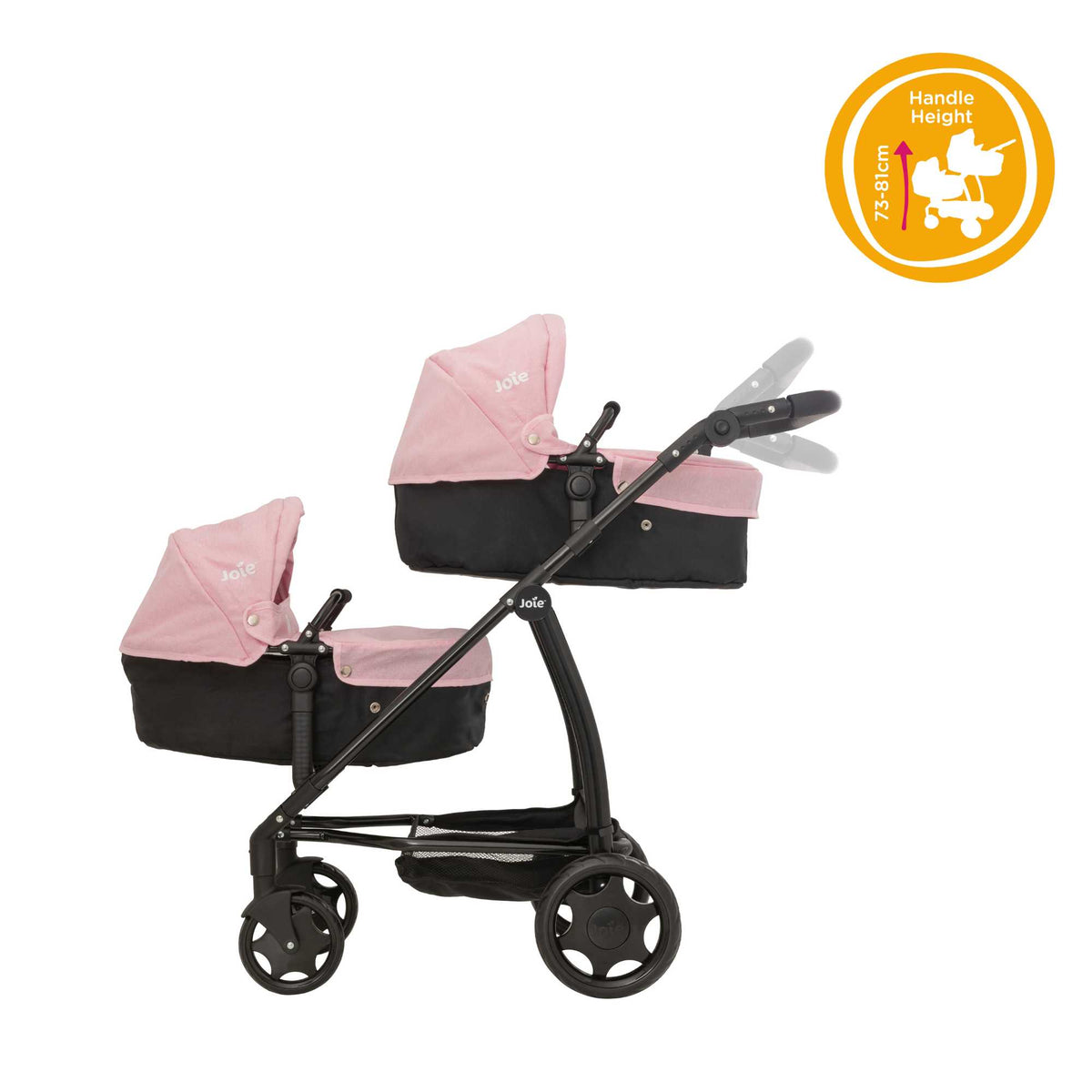 Joie Evalite Twin Dolls Pram with 9 play modes, featuring a stylish design in pink and black, adjustable handle height, swivel wheels, and a large storage basket, perfect for versatile and imaginative play with dolls.