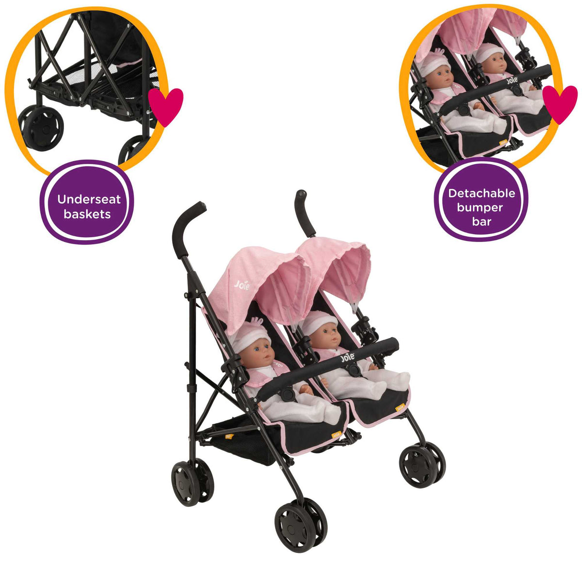 Joie Aire Twin Dolls Stroller in pink and black, designed with side-by-side seating for two dolls, adjustable handle height, swivel wheels, and a large storage basket, ideal for children to enjoy twin doll outings.