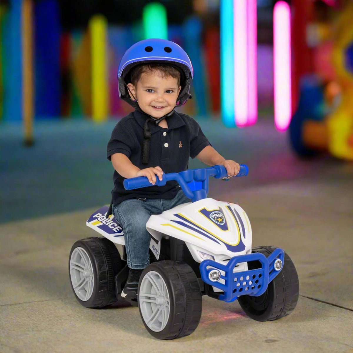 EVO 6V Police Quad Electric Ride-On with realistic police decals, working lights, and durable four-wheel design, perfect for adventurous and imaginative play for kids.