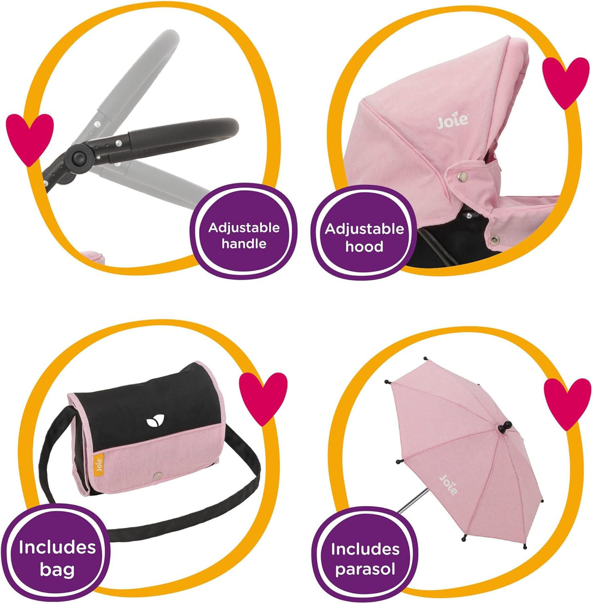 Joie Junior Classic Pram in pink and black, featuring a vintage design, includes a handheld parasol and a matching changing bag, perfect for children to enjoy sophisticated doll play and outings.