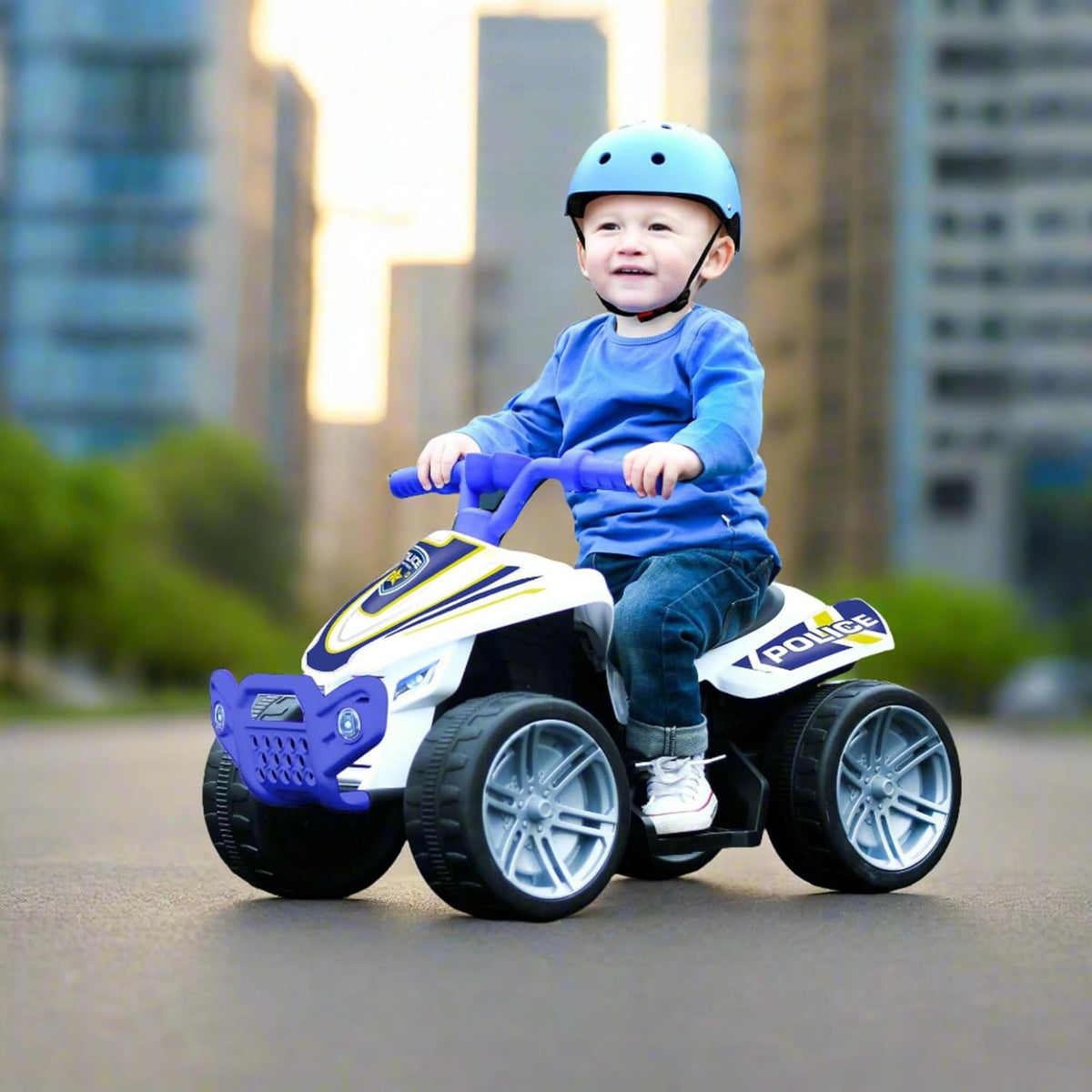 EVO 6V Police Quad Electric Ride-On with realistic police decals, working lights, and durable four-wheel design, perfect for adventurous and imaginative play for kids.