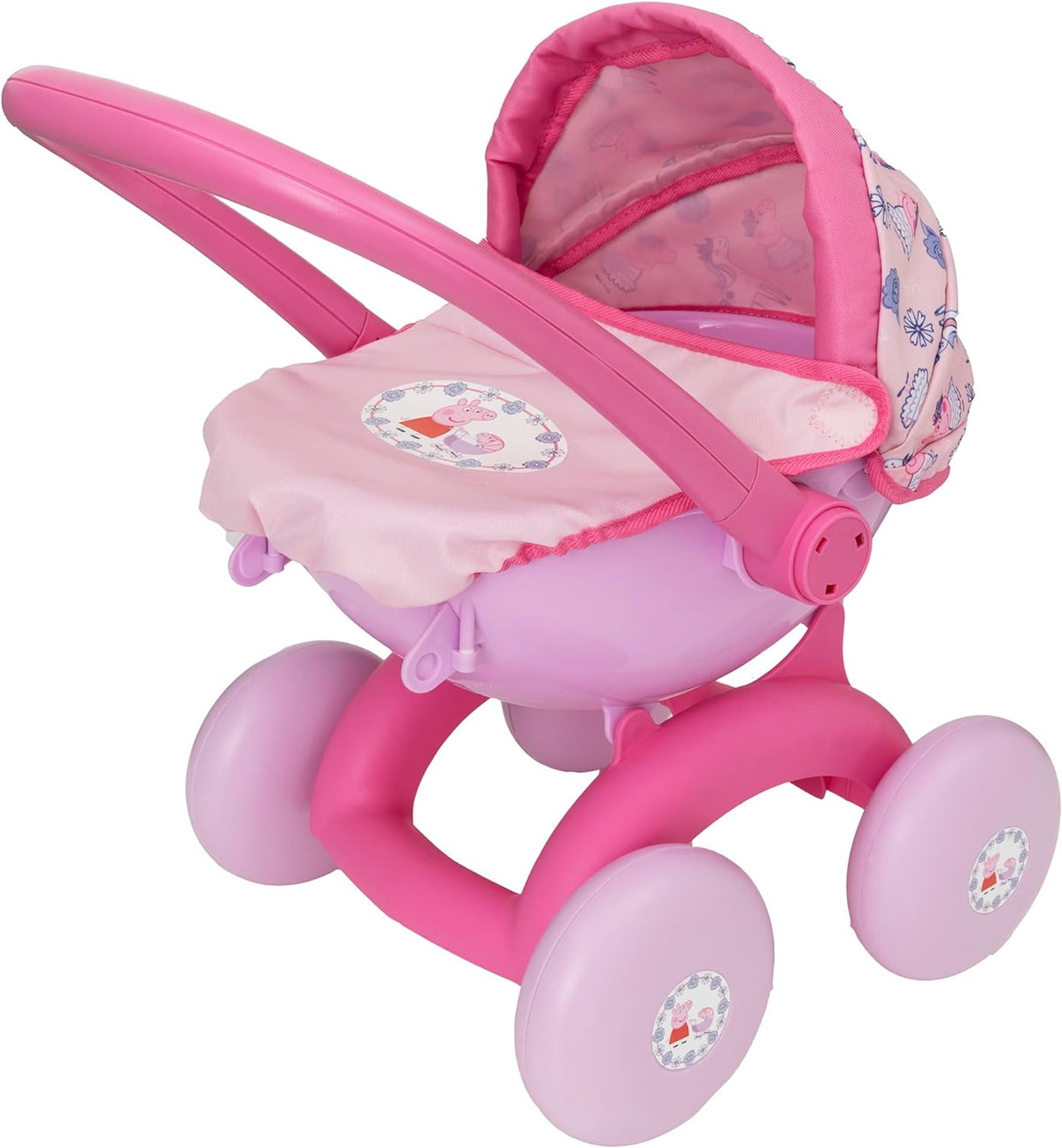 Peppa Pig 4-in-1 Pram, a versatile dolls’ stroller for dolls up to 35cm. Features a detachable carrycot, front-facing pushchair, and baby seat with an adjustable hood, removable apron, and Peppa Pig-themed pink design.