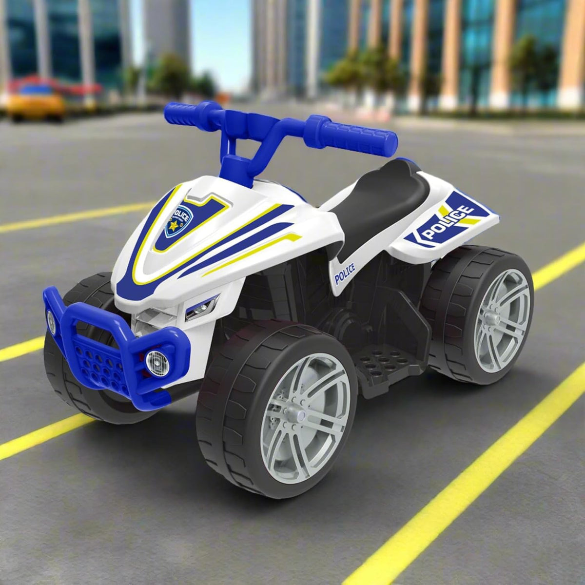 EVO 6V Police Quad Electric Ride-On with realistic police decals, working lights, and durable four-wheel design, perfect for adventurous and imaginative play for kids.