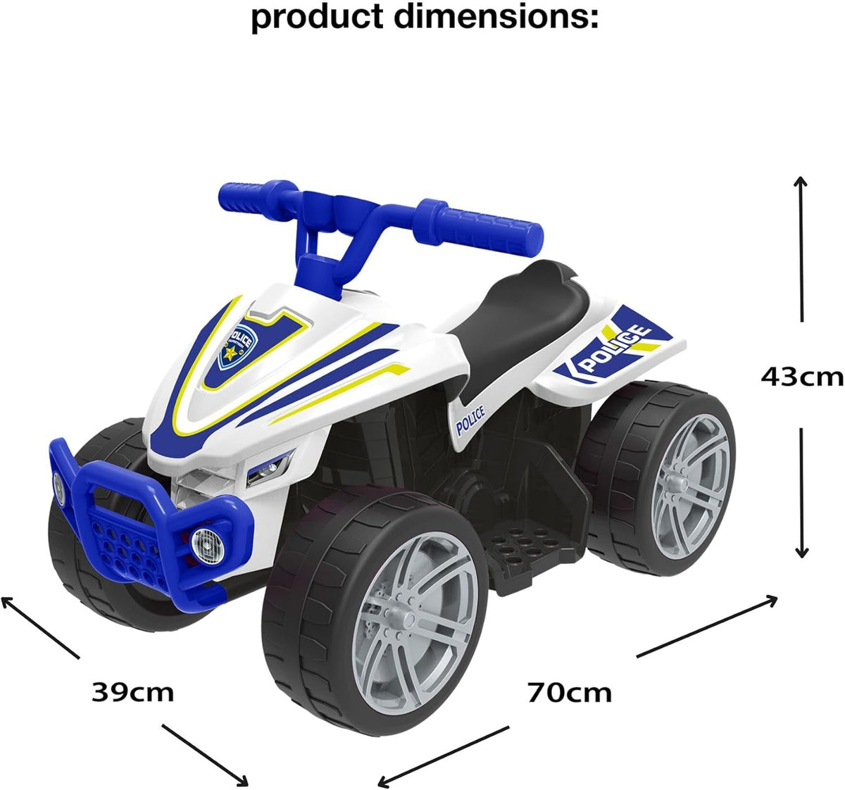 EVO 6V Police Quad Electric Ride-On with realistic police decals, working lights, and durable four-wheel design, perfect for adventurous and imaginative play for kids.