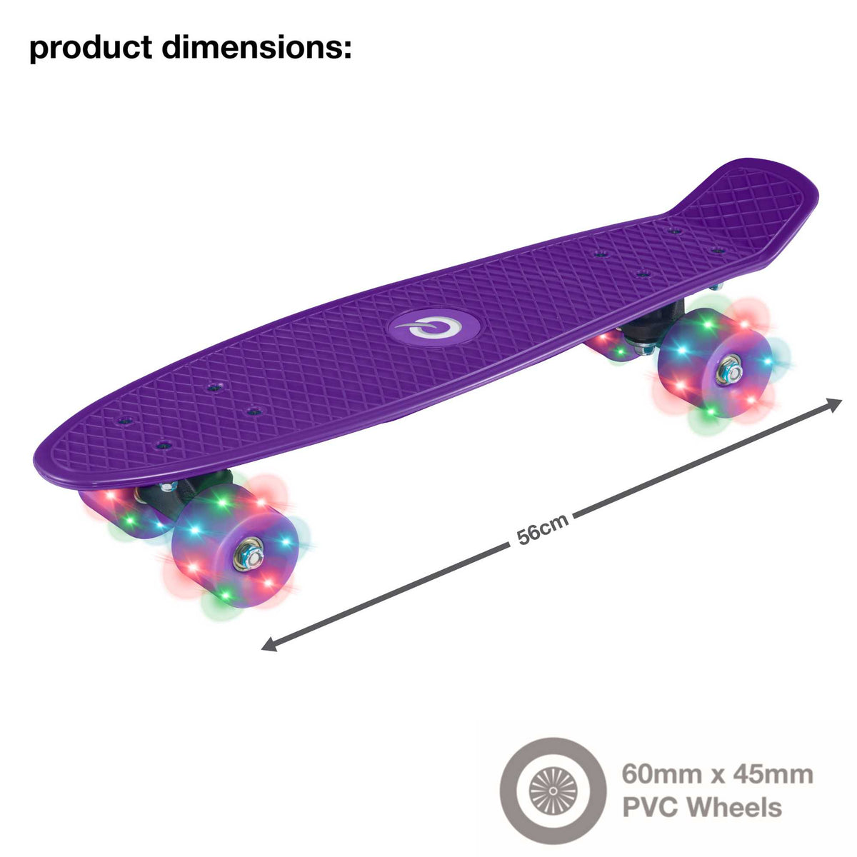 Children’s EVO 22-inch Penny Board in pink with light-up wheels, showcasing a compact design and vibrant retro style, perfect for young riders. The board features a textured grip surface and smooth, illuminated wheels that light up during movement. 