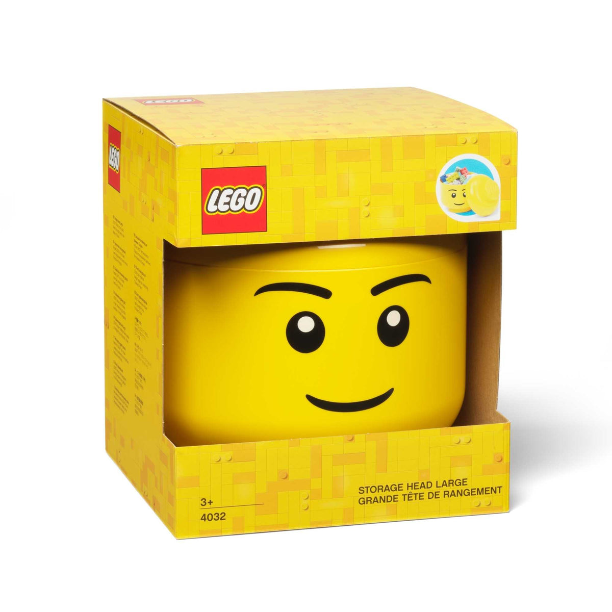 Large LEGO Storage Head – Yellow stackable container shaped like a classic LEGO minifigure head with removable lid, ideal for organizing bricks, toys, and accessories in kids&#39; rooms or play areas.