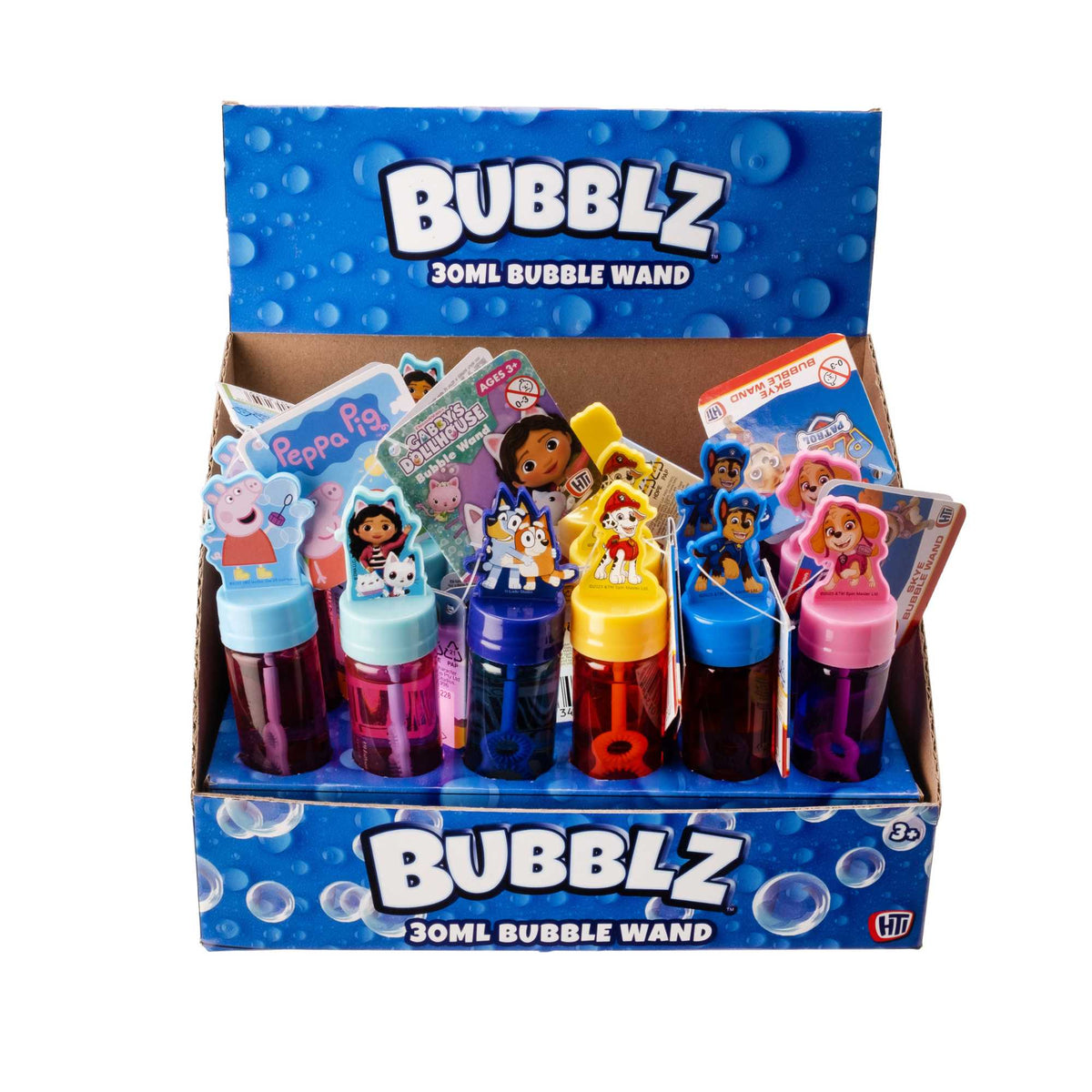 24-pack of bubble wands featuring Peppa Pig, Bluey, Chase, Skye, Marshall from Paw Patrol, and Gabby&#39;s Dollhouse characters, colorful bubble toys for kids&#39; parties, outdoor play, and party favors.