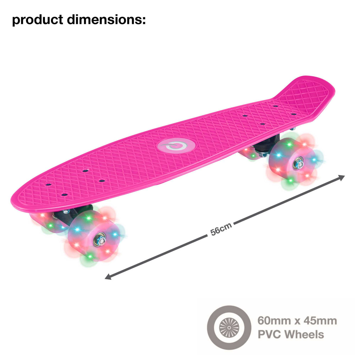 Children’s EVO 22-inch Penny Board in pink with light-up wheels, showcasing a compact design and vibrant retro style, perfect for young riders. The board features a textured grip surface and smooth, illuminated wheels that light up during movement.