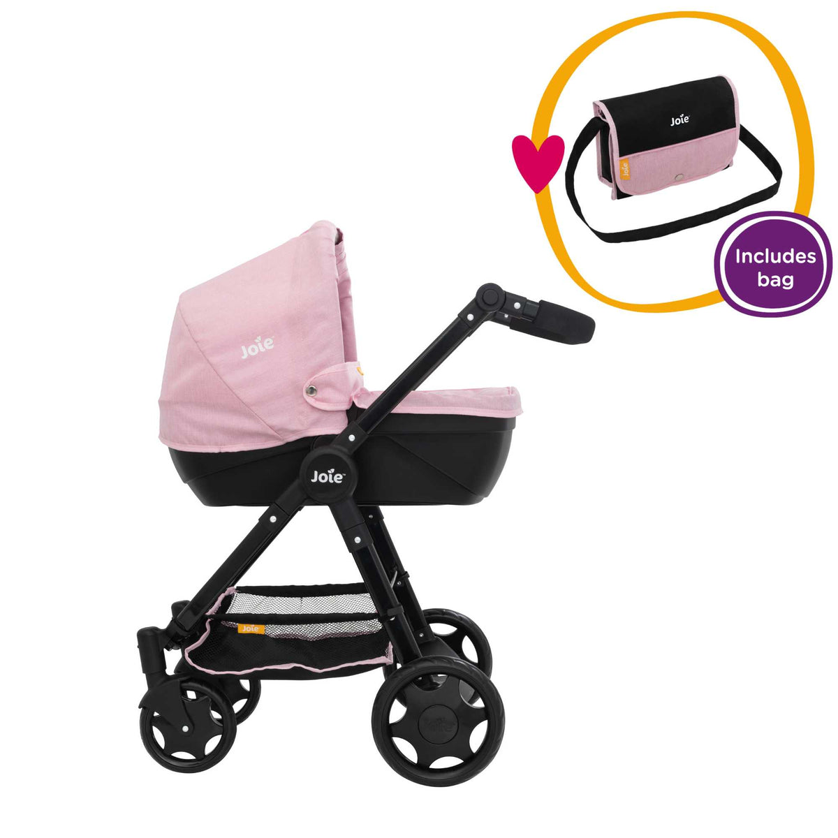 Joie Mytrax Dolls Pram in pink and black, featuring a realistic design with adjustable handle height, swivel wheels, and a large storage basket, ideal for children to take their dolls on walks and play pretend.