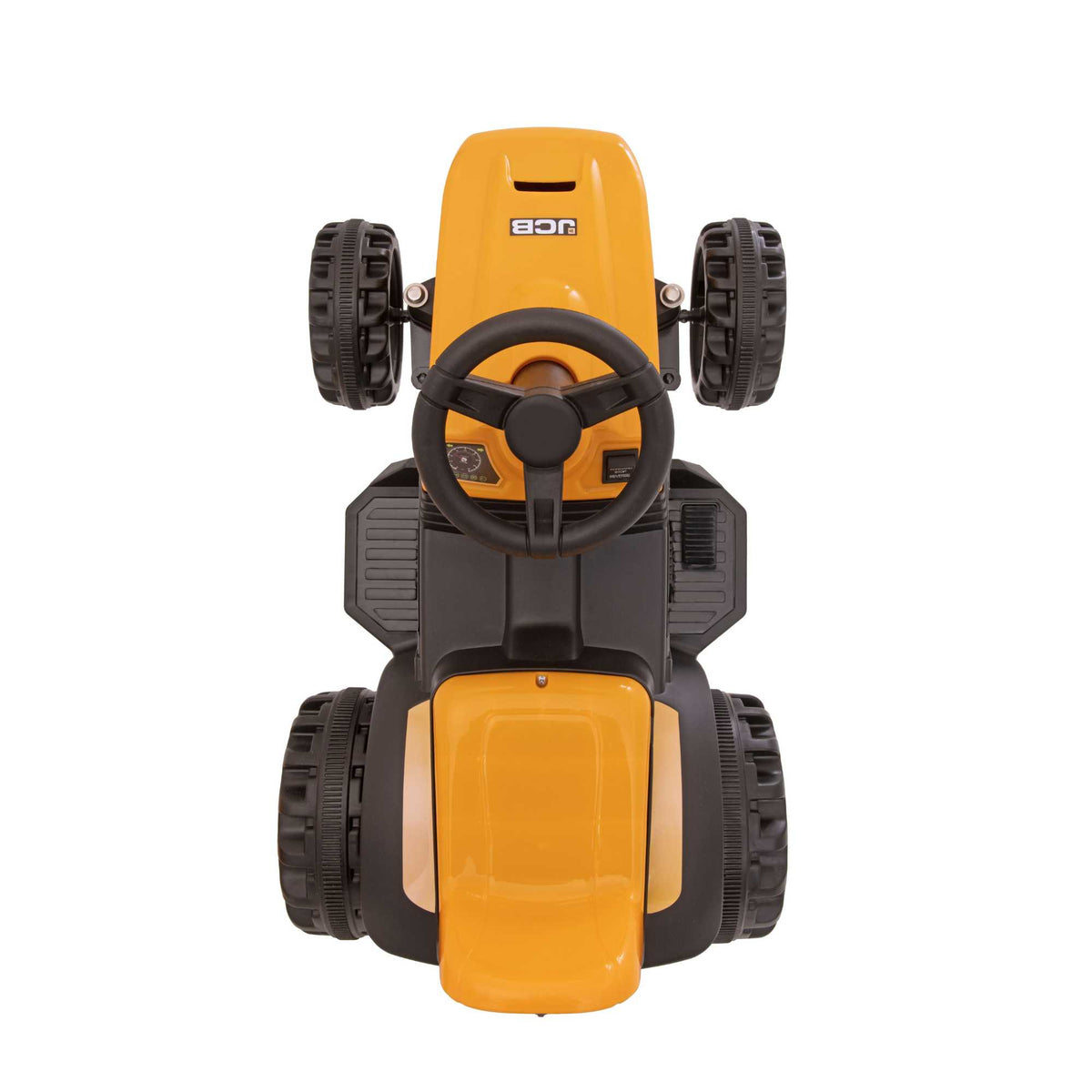 EVO JCB Battery Operated Tractor Ride-On for 2-year-olds, featuring a yellow and black JCB design, battery-powered operation, and a stable, comfortable ride for imaginative farm adventures.