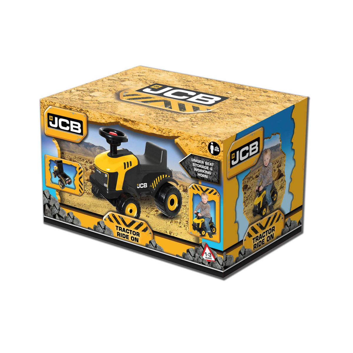 EVO JCB Fastrac Foot to Floor Children&#39;s Ride-On for toddlers aged 1 and up, featuring a realistic construction design, wide wheelbase, and foot-to-floor propulsion for safe and imaginative play.