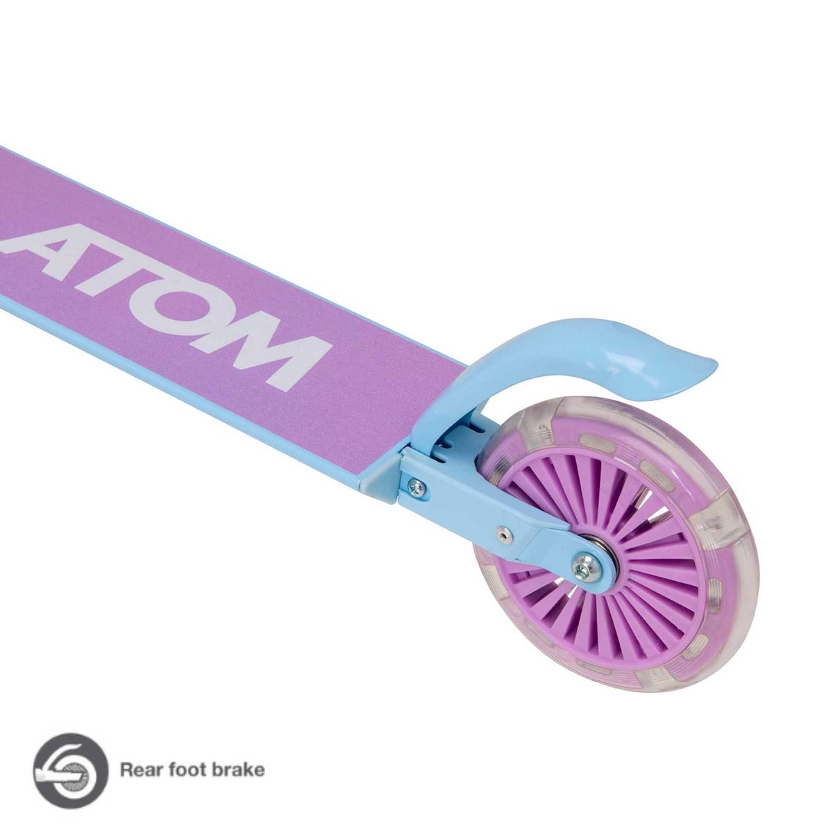 ATOM Inline Children&#39;s Kick Scooter in bright colours, designed for kids with a sturdy frame, adjustable handlebars, and smooth-rolling wheels, perfect for outdoor fun and active play.