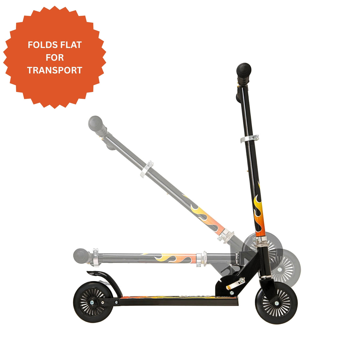 ATOM Inline Scooter with Flames Design – 2-Wheel Folding Kids Scooter with Adjustable Handlebar and Rear Brake for Ages 5+