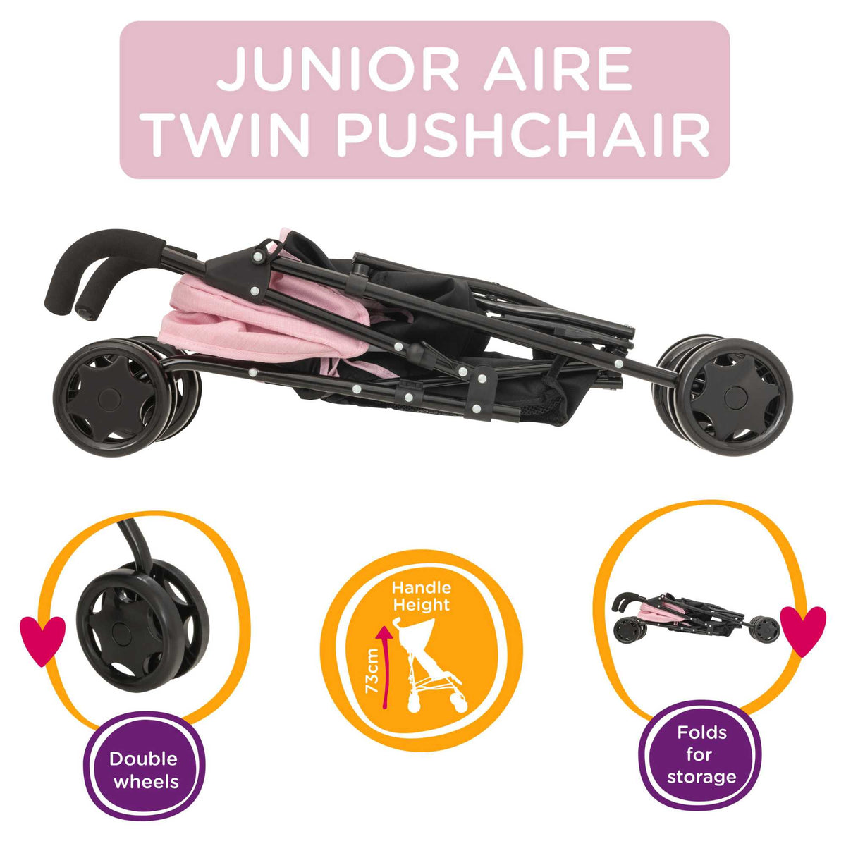 Joie Aire Twin Dolls Stroller in pink and black, designed with side-by-side seating for two dolls, adjustable handle height, swivel wheels, and a large storage basket, ideal for children to enjoy twin doll outings.