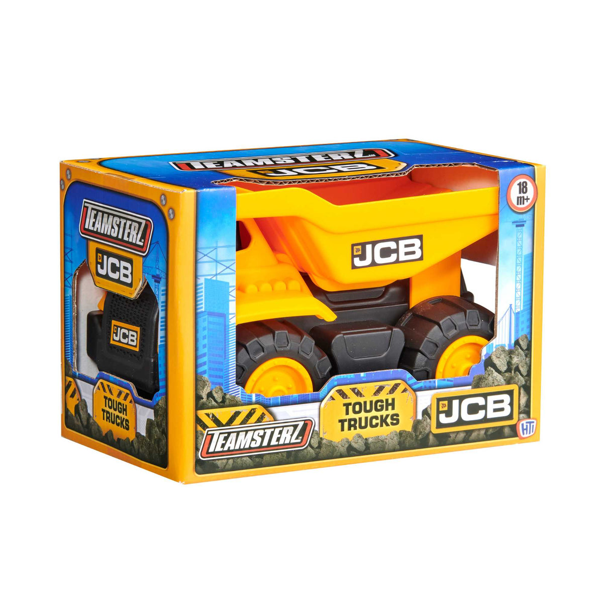 7-inch JCB Dump Truck Toy featuring realistic design, rugged wheels, and a functional dump bed, perfect for indoor and outdoor play for children.