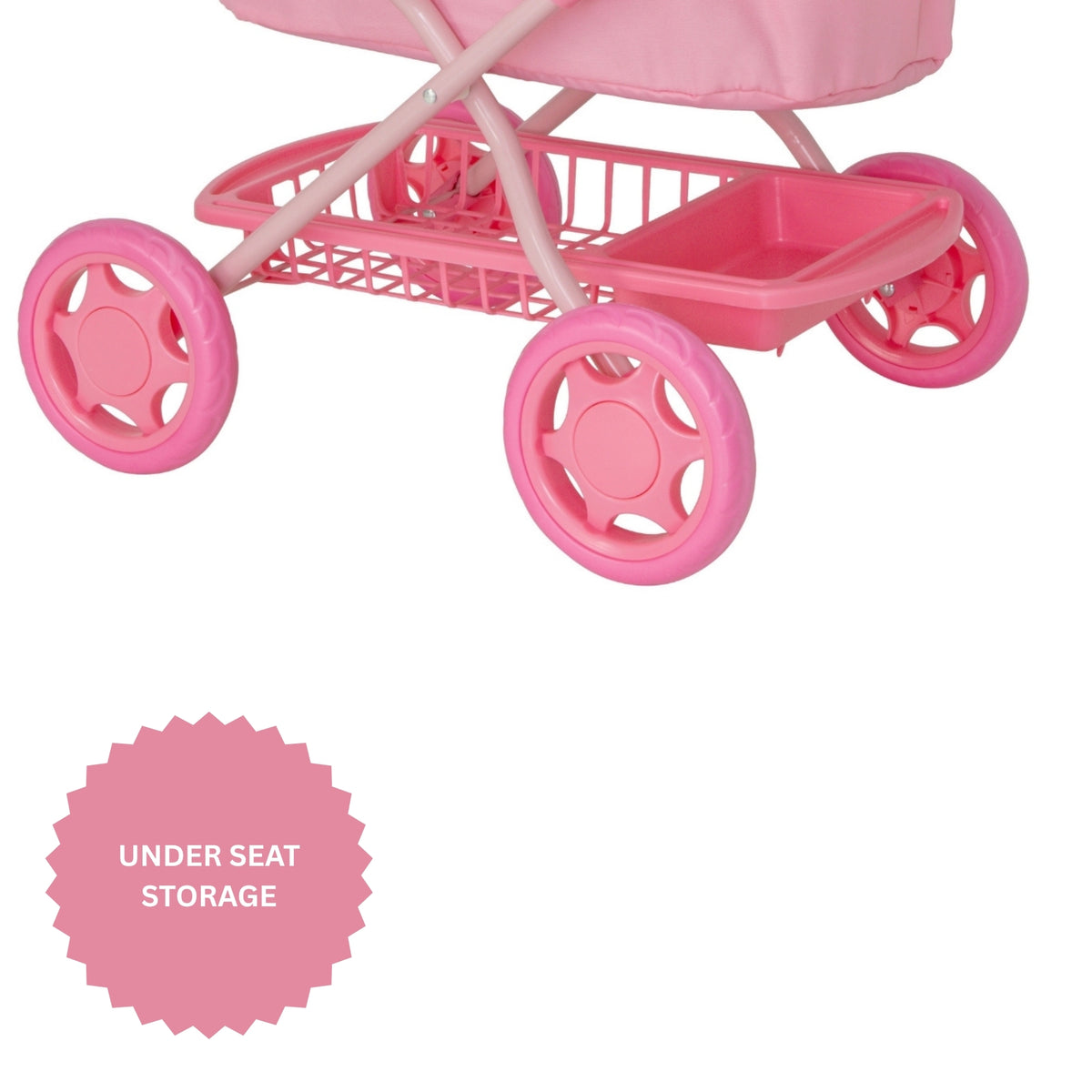 Pink doll stroller pram with jungle print for 3-7 year olds with under seat storage and adjustable handle height