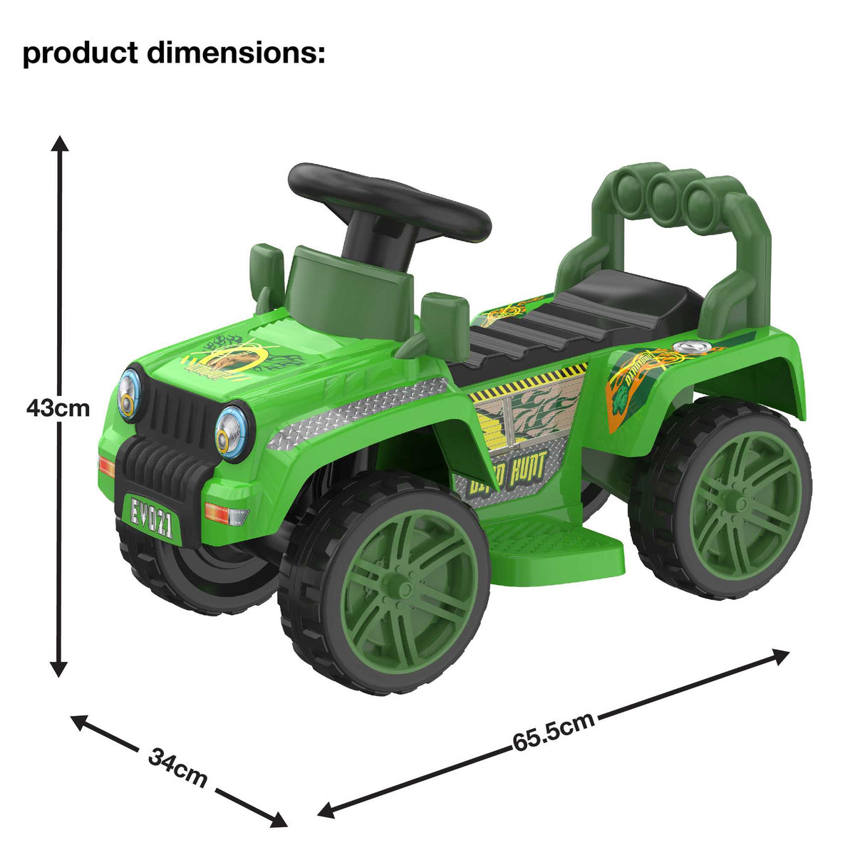 A rugged EVO Electric 4x4 Dinosaur Truck Toy. The truck is shown navigating through a rocky outdoor landscape, demonstrating its powerful and durable build.