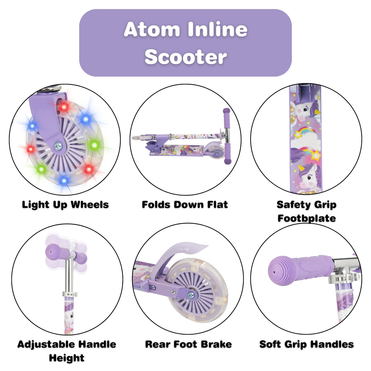 ATOM Light Up Inline Childrens Scooter - Unicorn