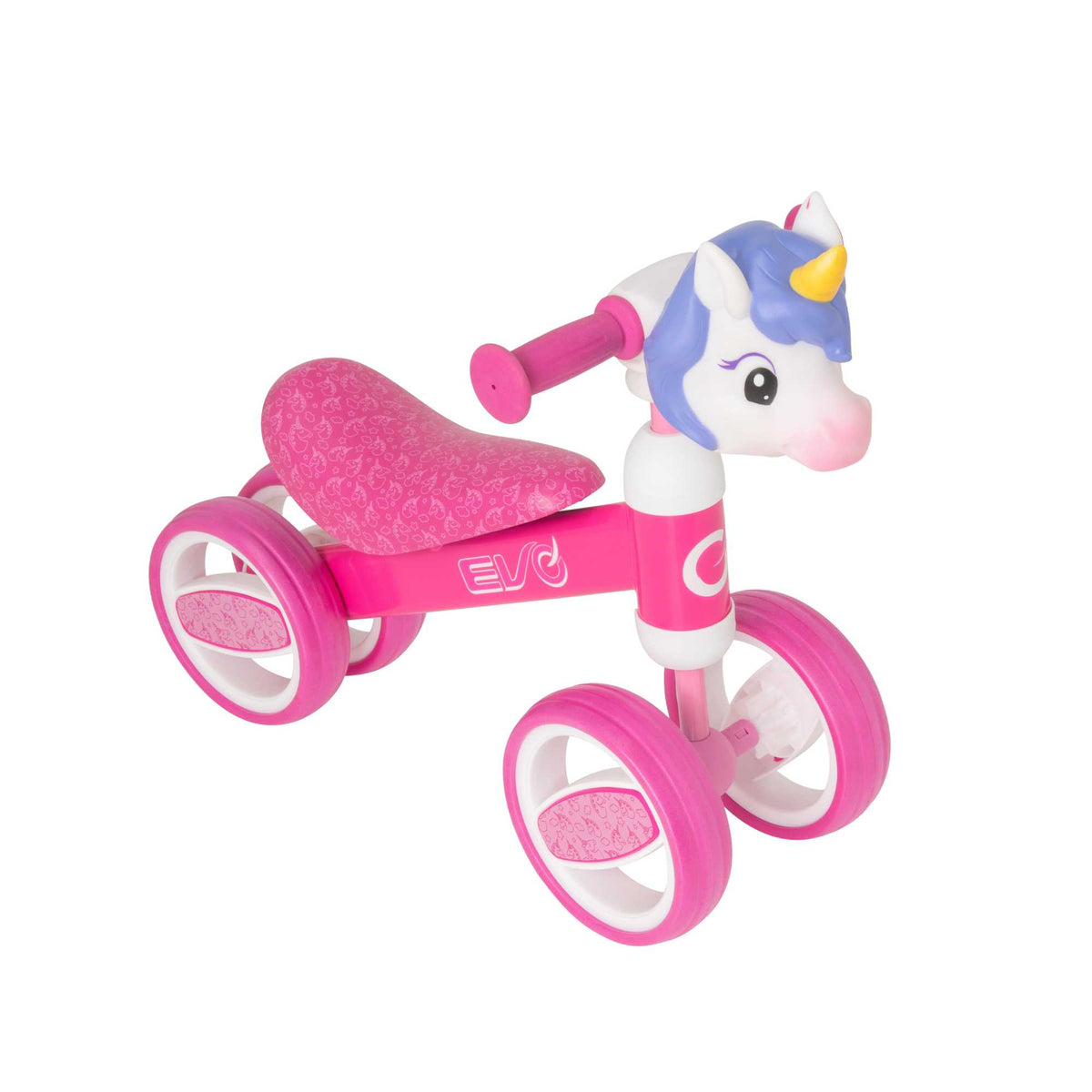 Fun and colourful EVO Character Heads Bobble Bike featuring adorable Unicorn and Dino designs for kids, perfect for teaching children balance and coordination.