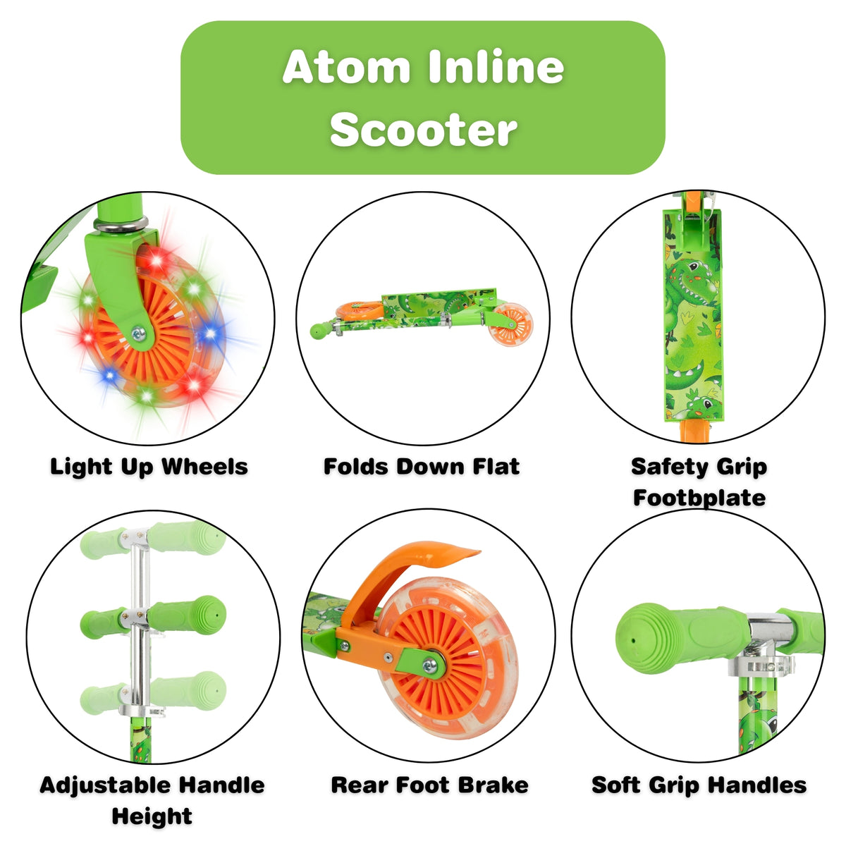 ATOM Light Up Inline Childrens Scooter - Dinosaur