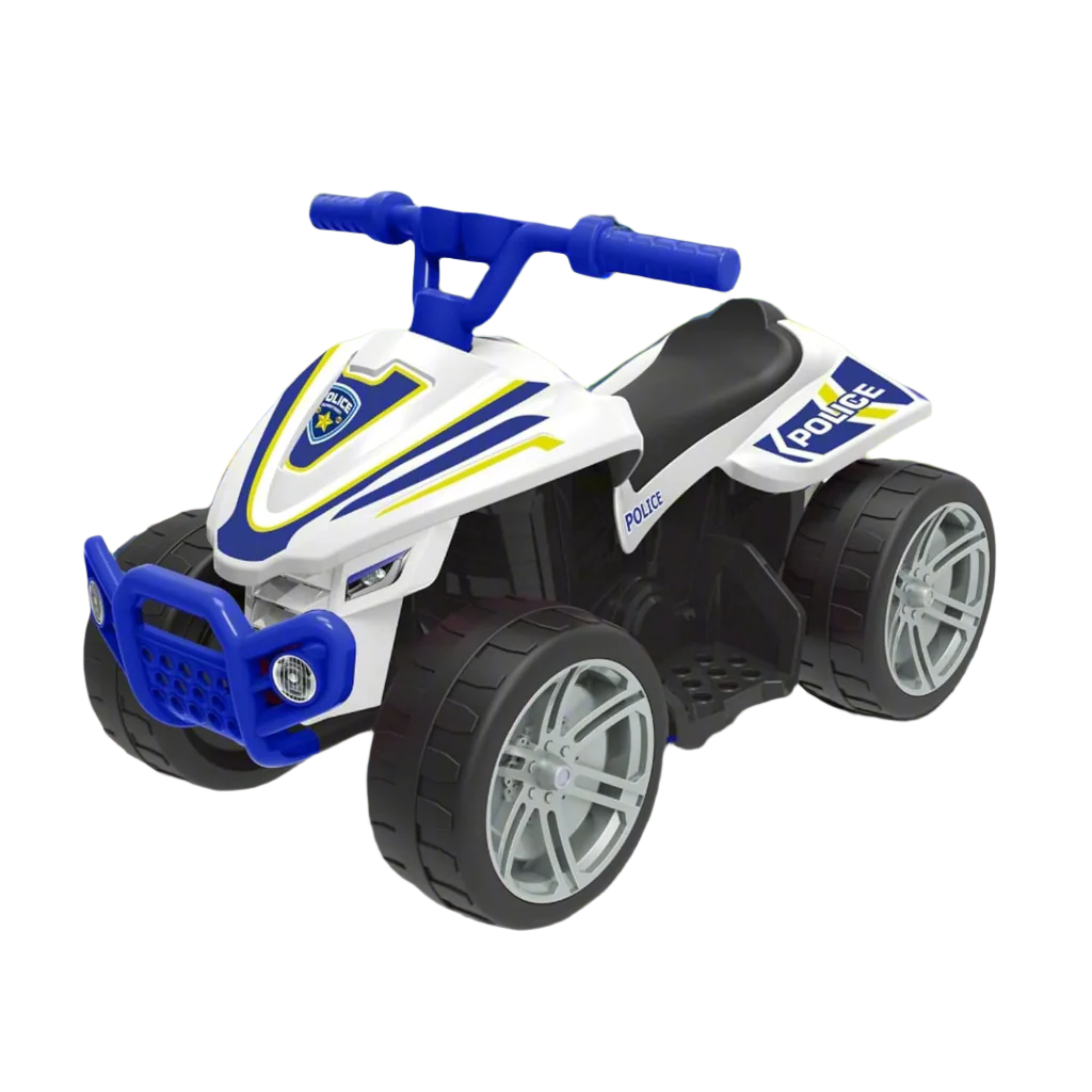 EVO 6V Police Quad Electric Ride-On with realistic police decals, working lights, and durable four-wheel design, perfect for adventurous and imaginative play for kids.