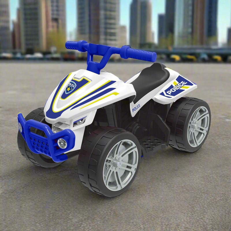 EVO 6V Police Quad Electric Ride-On with realistic police decals, working lights, and durable four-wheel design, perfect for adventurous and imaginative play for kids.