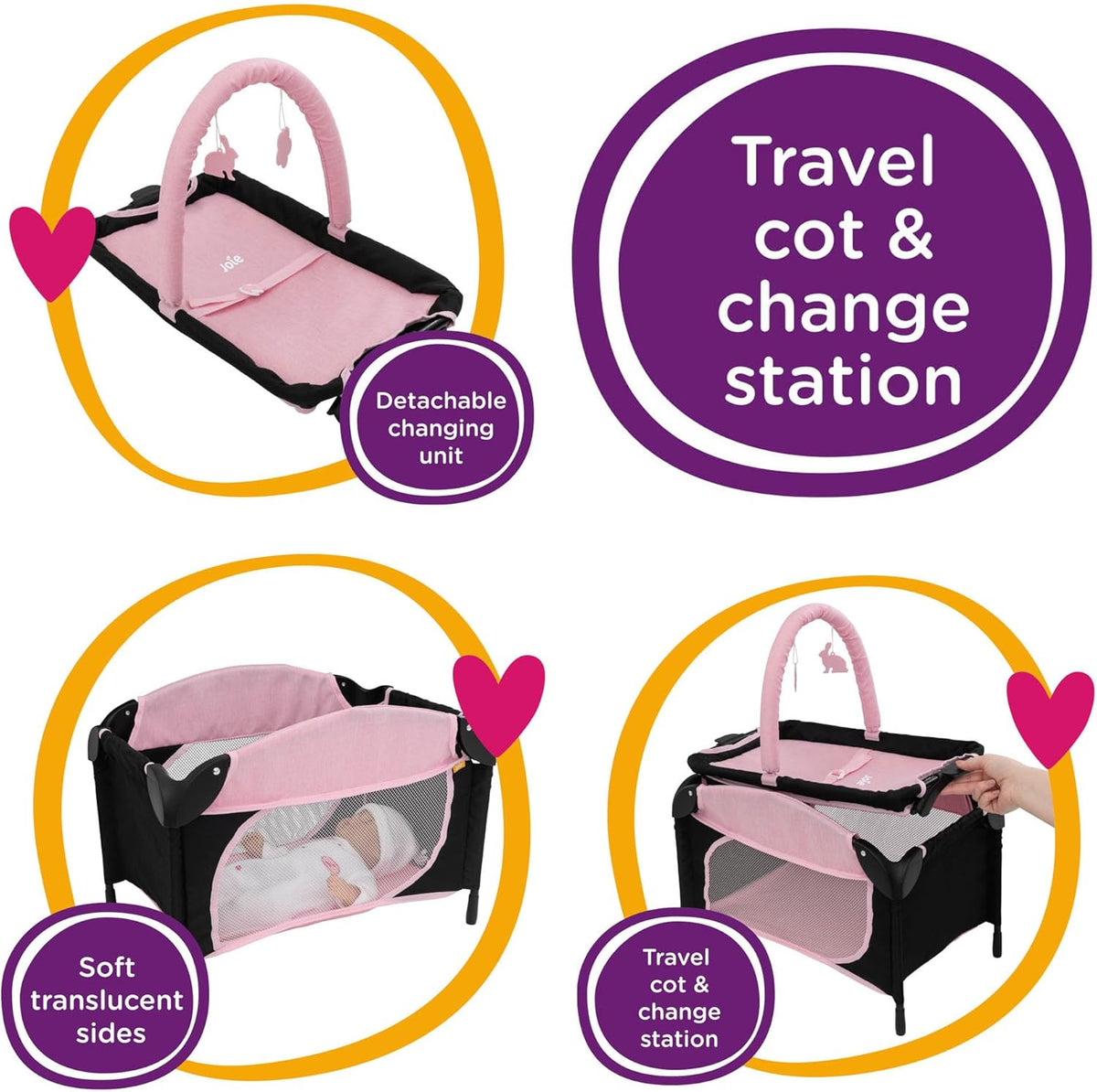 Joie Sleep &amp; Dream Dolls Travel Cot, a compact and foldable design in pink and grey, featuring breathable mesh sides and a sturdy frame, ideal for children to use for their dolls during playtime and travel