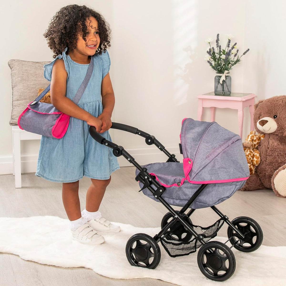 Mamas and Papas Junior Sweet Dreams Dolls Pram, featuring a vintage-inspired design with sturdy frame, adjustable handle height, and smooth-rolling wheels, perfect for imaginative play with dolls.