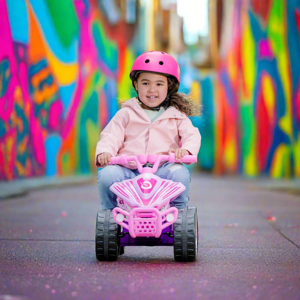 Electric pink EVO Shimmer Quad Ride-On for 2-year-olds, featuring a sturdy four-wheel design, ergonomic seat, and easy-to-grip handlebars, perfect for safe and fun outdoor adventures.