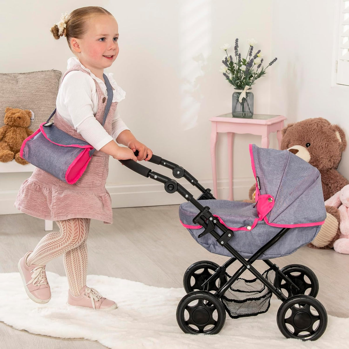 Mamas and Papas Junior Sweet Dreams Dolls Pram, featuring a vintage-inspired design with sturdy frame, adjustable handle height, and smooth-rolling wheels, perfect for imaginative play with dolls.