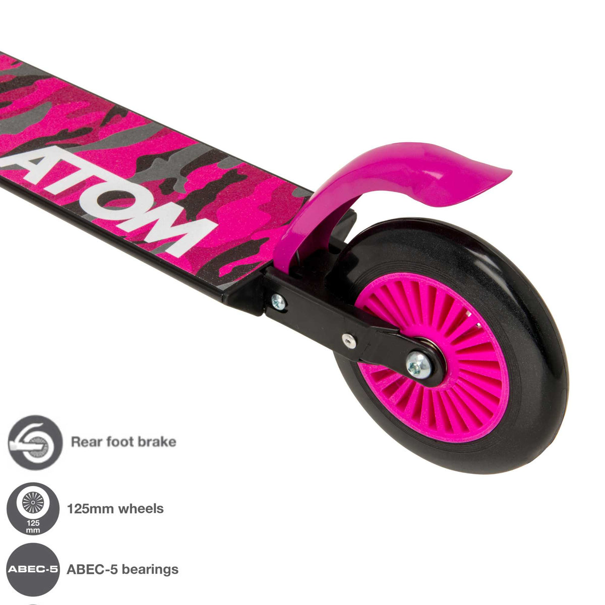 ATOM Inline 2-wheeled children&#39;s scooter in a stylish pink camouflage theme, featuring a durable design, eye-catching camouflage patterns, and a trendy look ideal for young riders