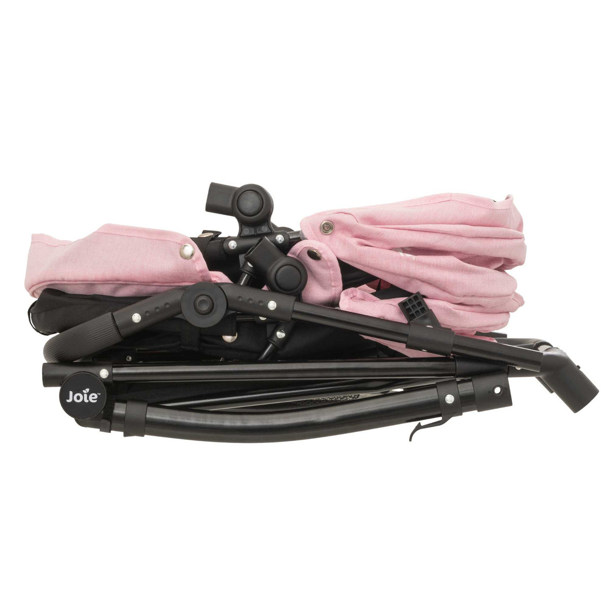 Joie Evalite Twin Dolls Pram with 9 play modes, featuring a stylish design in pink and black, adjustable handle height, swivel wheels, and a large storage basket, perfect for versatile and imaginative play with dolls.