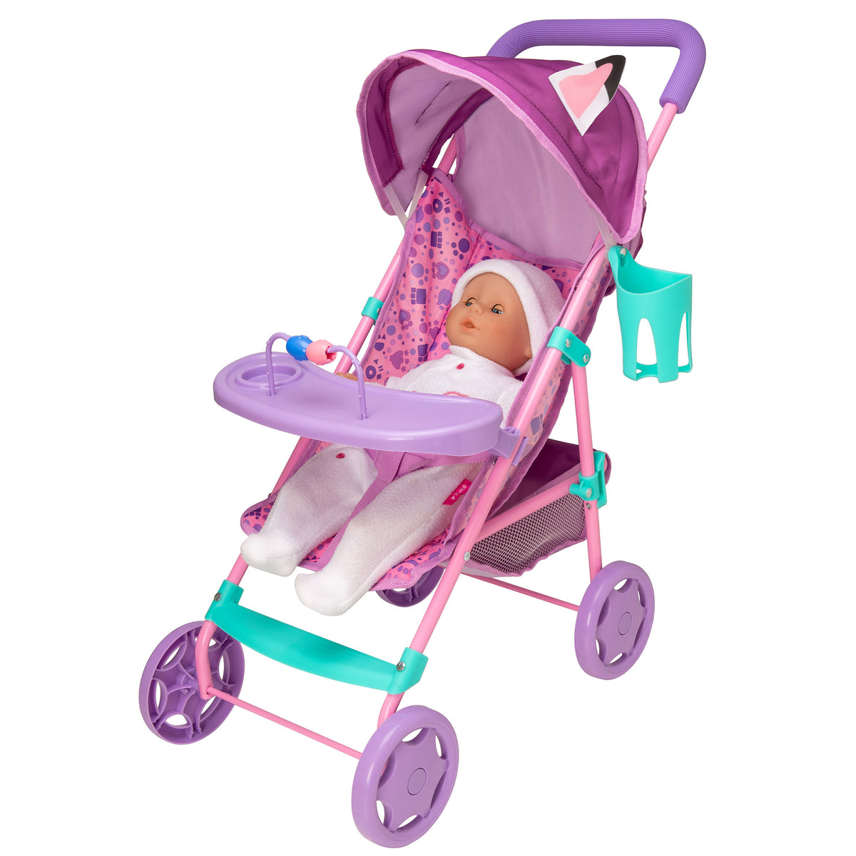 Bright and fun toy pushchair inspired by Gabby&#39;s Dollhouse, ideal for kids to push their favourite dolls and toys. Features a durable frame, smooth-rolling wheels, and colourful designs with beloved characters from the series.