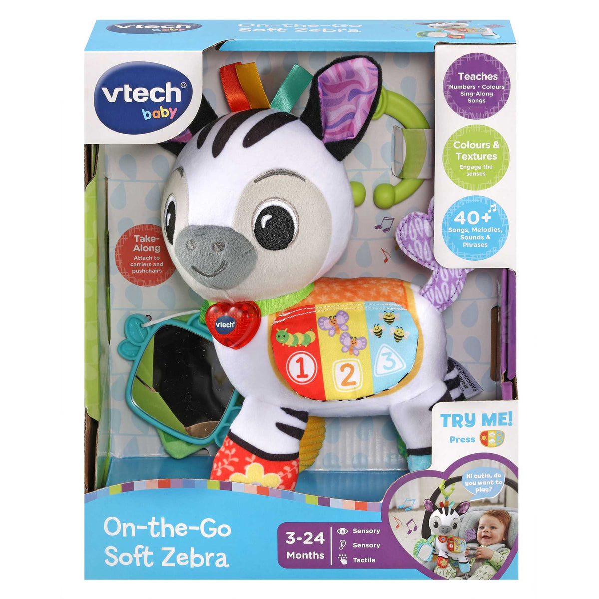 VTech Rattle &amp; Shake Birdie, a colourful sensory toy for babies. Shake it to trigger sound effects via a motion sensor, or press its two light-up buttons for phrases and sing-along songs. Includes textured fabrics and three beads for tactile stimulation.