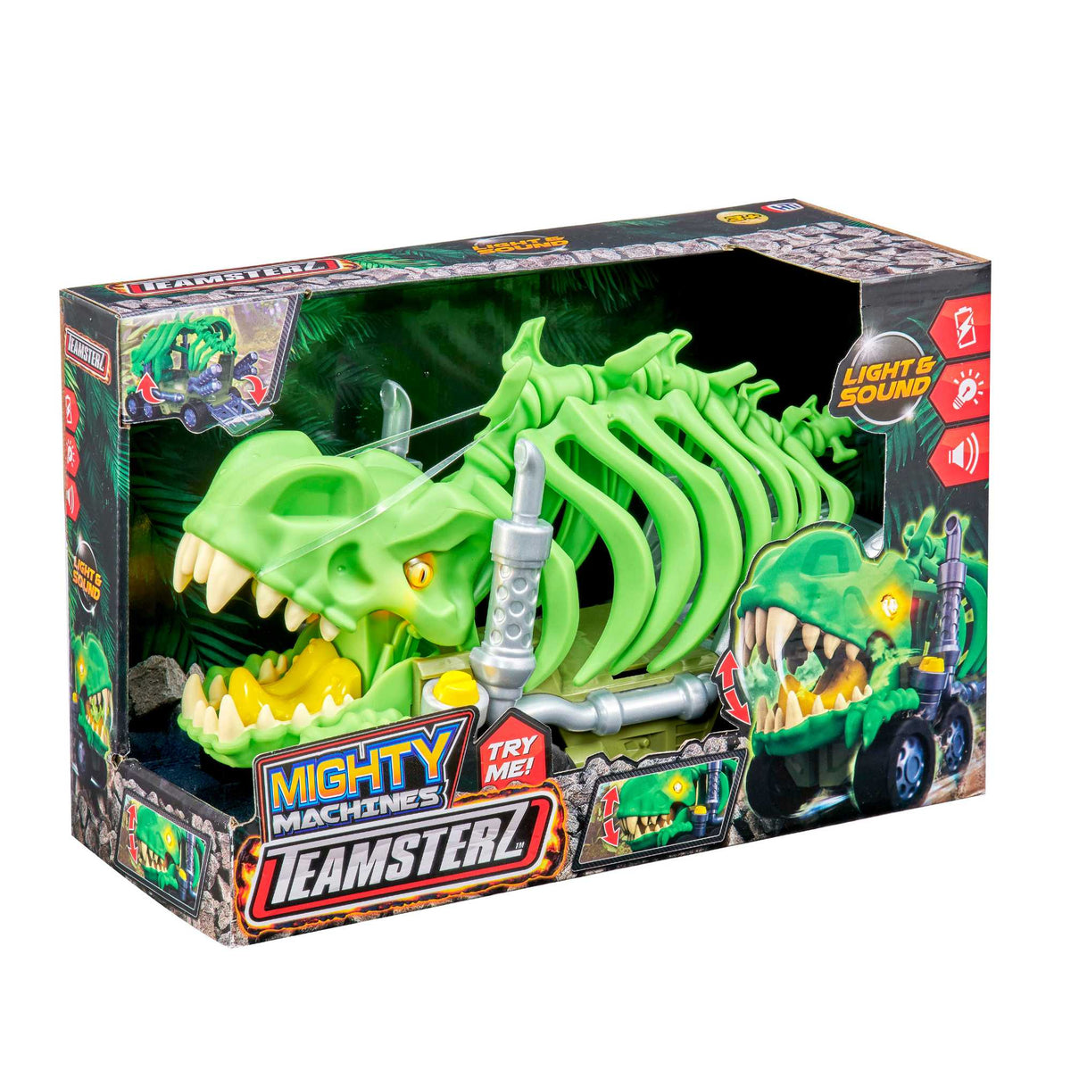 Teamsterz Beast Machine T-Rex Rib Cage Car Transporter Toy with light-up yellow eyes, chomping jaw, rear ramp, and car-holding rib cage.