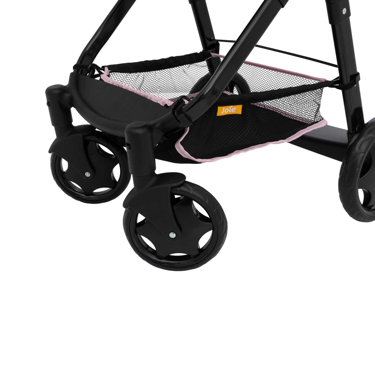 Joie Mytrax Dolls Pram in pink and black, featuring a realistic design with adjustable handle height, swivel wheels, and a large storage basket, ideal for children to take their dolls on walks and play pretend.