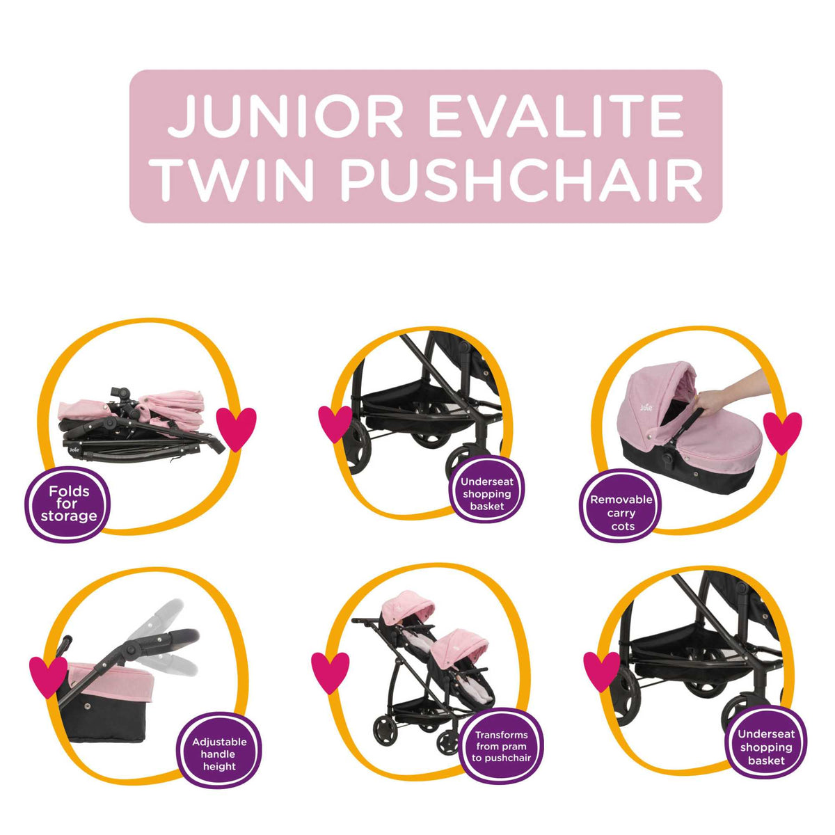 Joie Evalite Twin Dolls Pram with 9 play modes, featuring a stylish design in pink and black, adjustable handle height, swivel wheels, and a large storage basket, perfect for versatile and imaginative play with dolls.