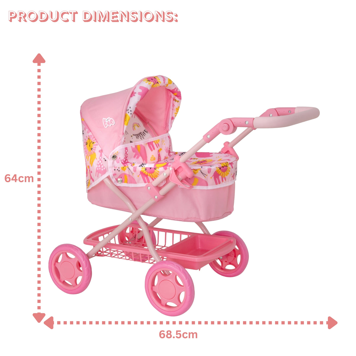 Pink doll stroller pram with jungle print for 3-7 year olds with under seat storage and adjustable handle height