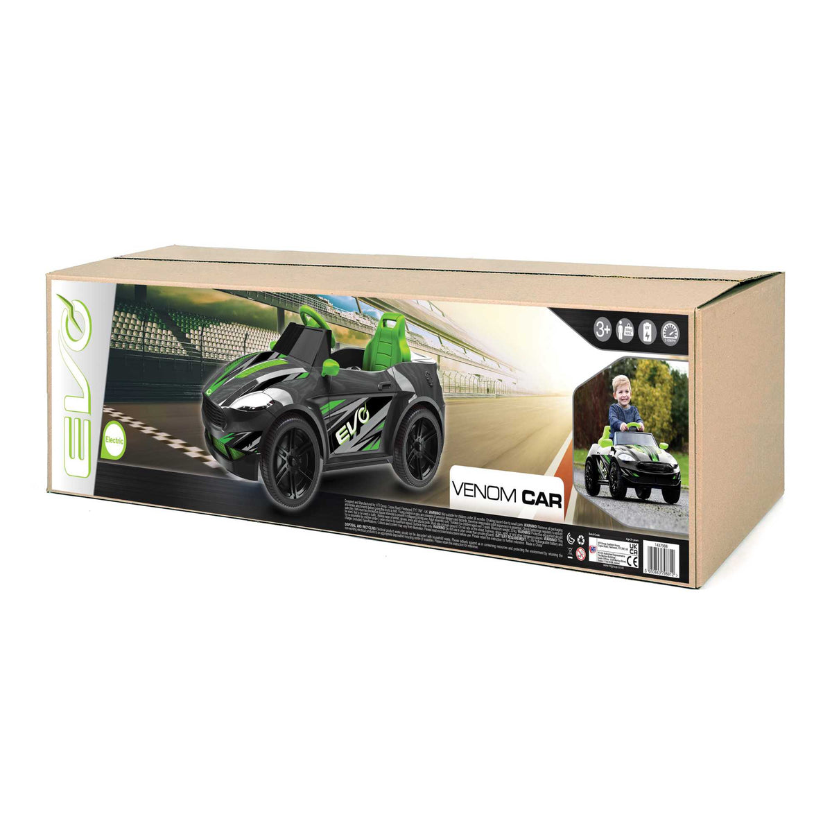 Green EVO Venom Car Ride-On for ages 3+, featuring a bold green colour, rugged rally design, durable frame, wide stable wheels, and easy-grip wheel for safe and adventurous outdoor play.