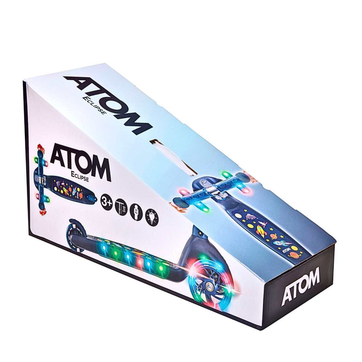 ATOM Eclipse Light-Up Scooter in Solar Design – Kids 3-Wheel Scooter with LED Deck and Flashing Wheels for Ages 5+.