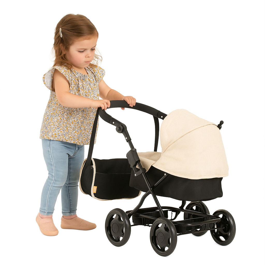 Joie Junior Classic Stone & Black Pram - Includes Handheld Parasol & Changing Bag