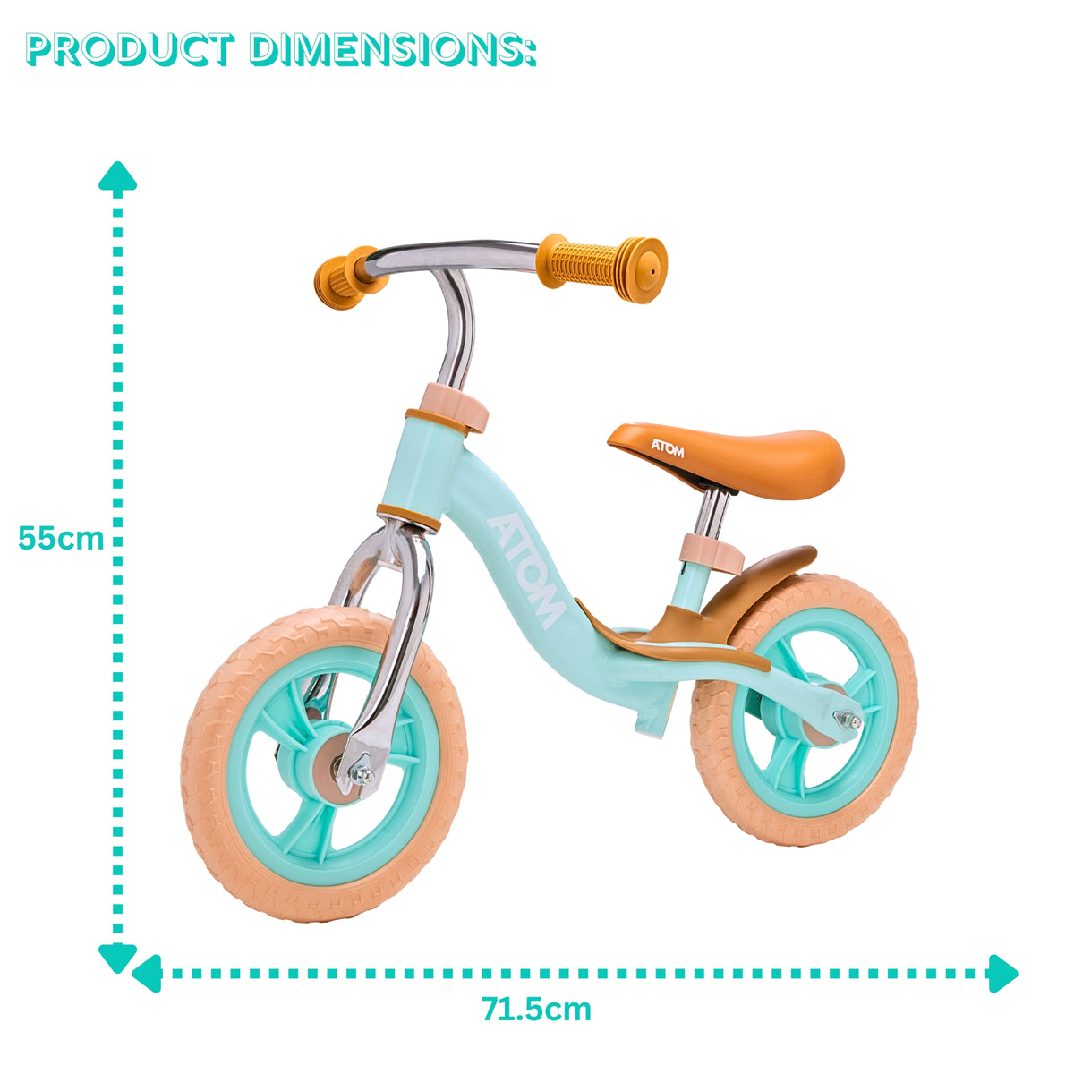 ATOM 10 inch Glider Balance Bike in Mint Green for Toddlers and Kids – Lightweight First Training Bike with Adjustable Seat and No Pedals.