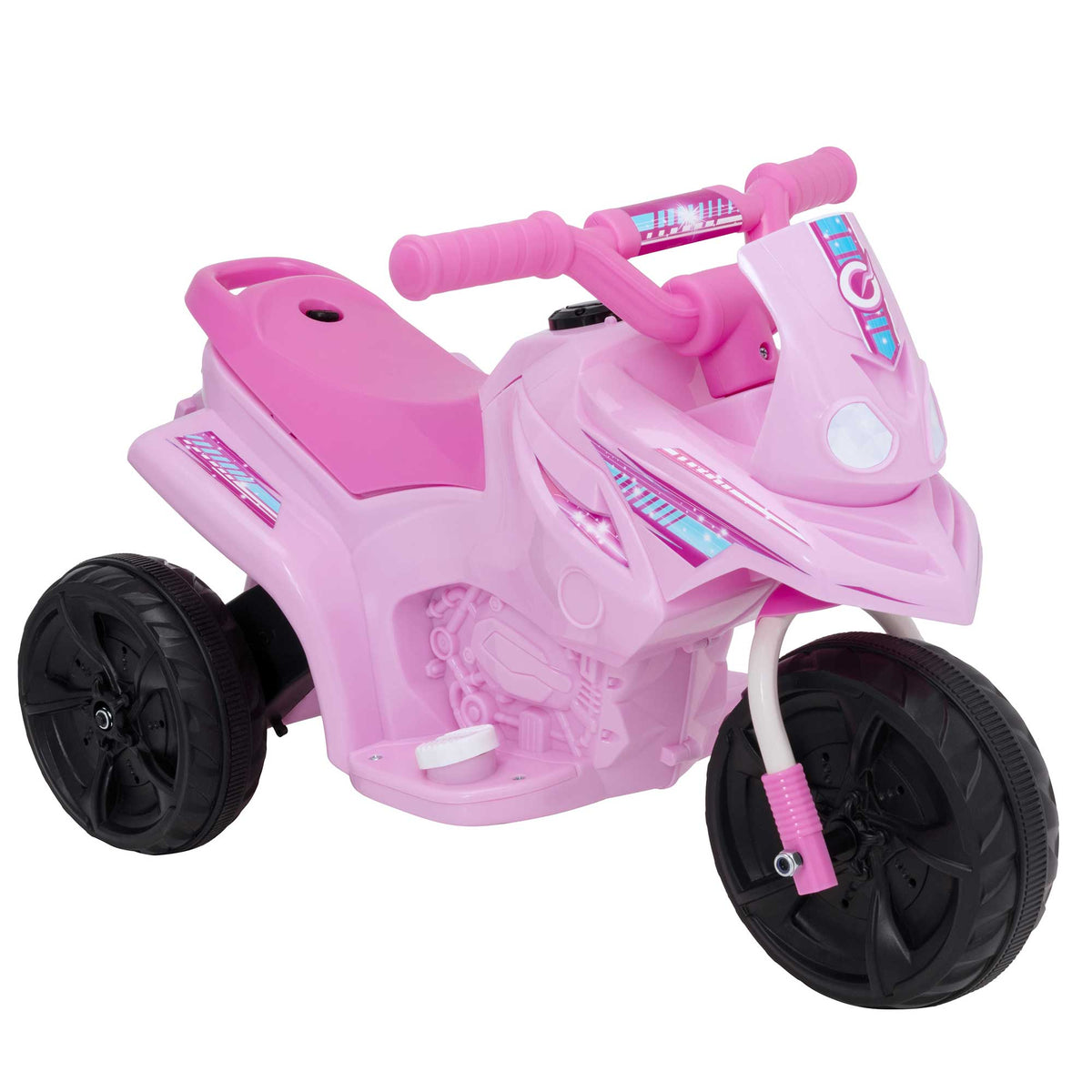 Electric pink EVO Shimmer Trike Ride-On for 2-year-olds, featuring a stable three-wheel design, ergonomic seat, and push-button acceleration for safe and exciting outdoor adventures.