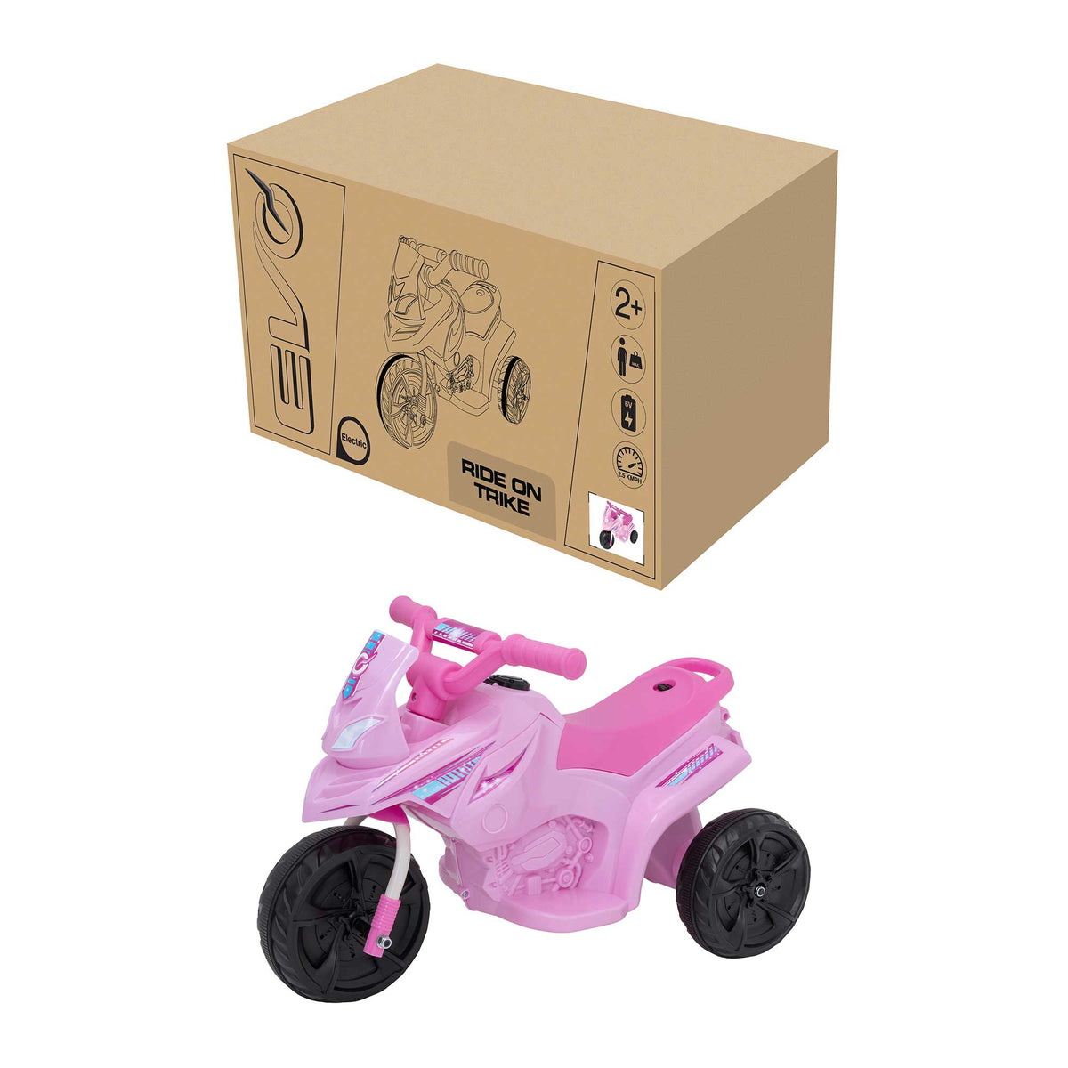 Electric pink EVO Shimmer Trike Ride-On for 2-year-olds, featuring a stable three-wheel design, ergonomic seat, and push-button acceleration for safe and exciting outdoor adventures.